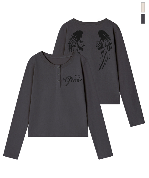 GRAVER（グレーバー）の「[ユニセックス]WINGS ヘンリーネック ロングスリーブ Tシャツ_3カラー（Tシャツ/カットソー・レディース・ベージュ/チャコール/ブラック・MEDIUM/LARGE）」の6枚目の写真