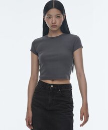 ウィメンズスリムクロップクルーネックTシャツ[ダークグレー]