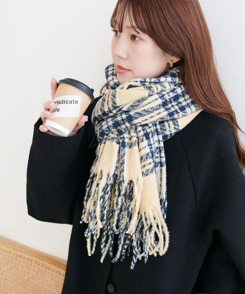 ユニセックス】ループヤーン縮絨チェックマフラー（マフラー