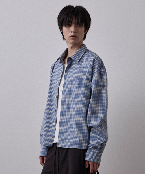 LEARVE(ルアブ)の「セグメントチェッククロップ長袖シャツブルー(シャツ/ブラウス・メンズ・その他・LARGE/MEDIUM/X-LARGE)」の1枚目の写真