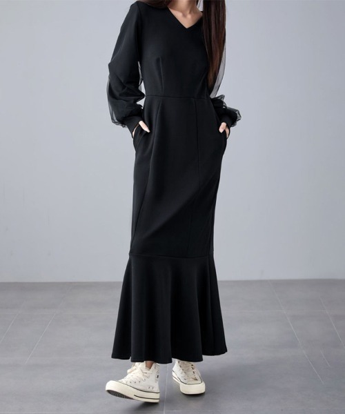 Vネックフレアロングワンピース（ワンピース）｜ONEP STAR（ワンピ