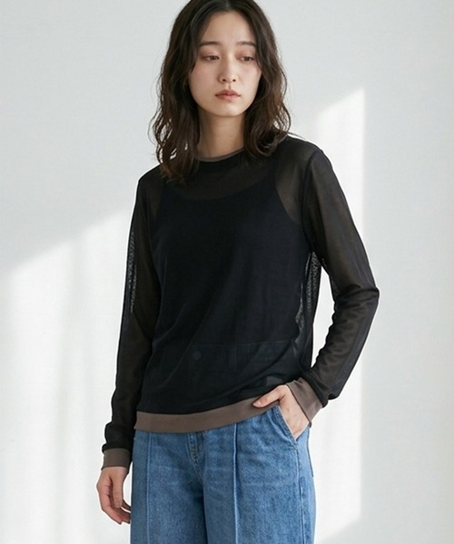 Muscat(マスカット)の「シアーレイヤード風 ロングスリーブトップス(Tシャツ/カットソー・レディース・ライトグレー/ダークブラウン/クリーム/ブラック・F)」の2枚目の写真