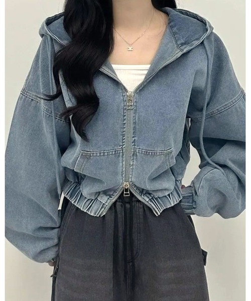 inst.ALL(インストール)の「秋大活躍!クロップド丈ダブルジップデニムパーカーブルゾン(パーカー・レディース・ブラック/ブルー・M)」の6枚目の写真