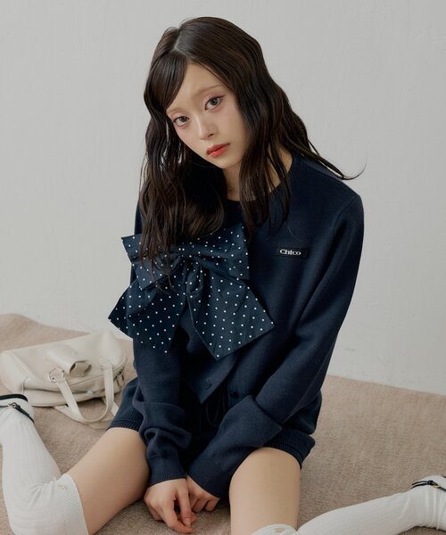 セットアップ対応】リボンコンパクトニットカーディガン（カーディガン