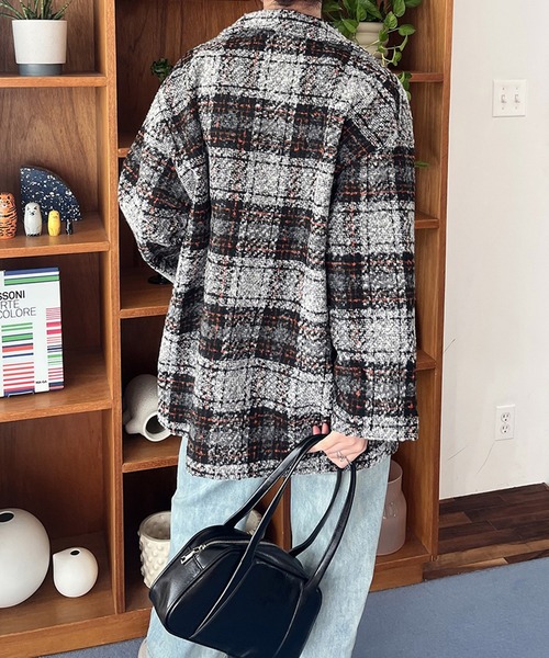 STYLEBLOCK（スタイルブロック）の「ブークレチェック柄ダブルブレストジャケットコート（テーラードジャケット・レディース・グレー/ブラウン・FREE）」の3枚目の写真