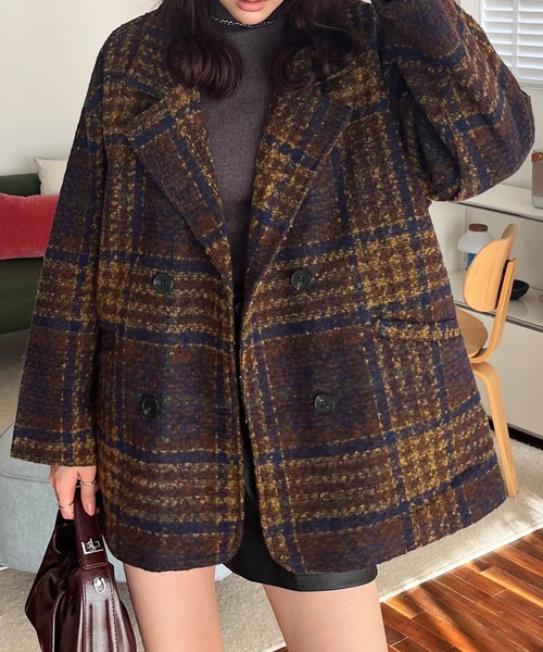 STYLEBLOCK（スタイルブロック）の「ブークレチェック柄ダブルブレストジャケットコート（テーラードジャケット・レディース・グレー/ブラウン・FREE）」の5枚目の写真