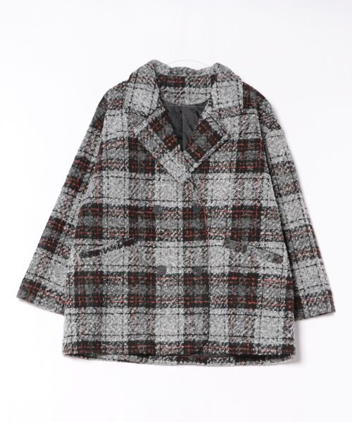 STYLEBLOCK（スタイルブロック）の「ブークレチェック柄ダブルブレストジャケットコート（テーラードジャケット・レディース・グレー/ブラウン・FREE）」の9枚目の写真