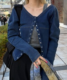 DENIM LIKE BALLOON SLEEVE CUT TOP