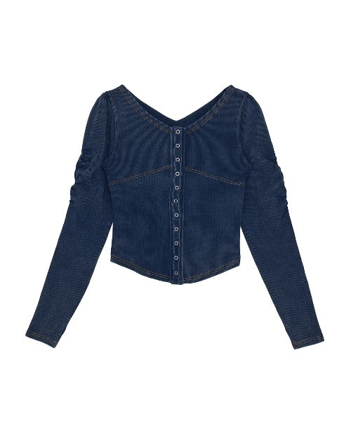Ameri（アメリ）の「DENIM LIKE BALLOON SLEEVE CUT TOP（Tシャツ