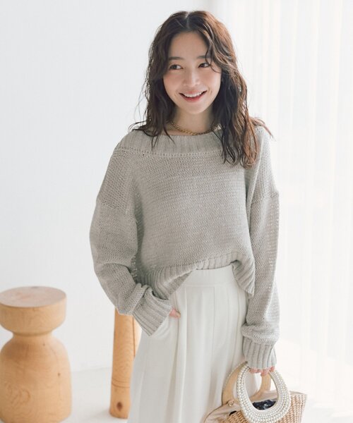 La boutique BonBon（ラブティックボンボン）の「【今すぐお届け！・着回し力抜群】テープヤーンラメクロップドニット（ニット/セーター・レディース・ライトベージュ/ライトグレー/ピンク・FREE）」の7枚目の写真