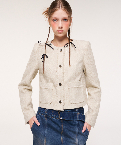 ETMON（エトモン）の「Fringe Line Tweed Jacket, Beige（テーラードジャケット・レディース・その他・M/S）」の2枚目の写真
