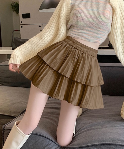 kirakiraShop(キラキラショップ)の「スエード フリル プリーツ ミニスカート(スカート・レディース・オフホワイト/ブラック/ブラウン・FREE)」の3枚目の写真