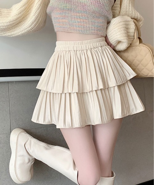 kirakiraShop(キラキラショップ)の「スエード フリル プリーツ ミニスカート(スカート・レディース・オフホワイト/ブラック/ブラウン・FREE)」の1枚目の写真