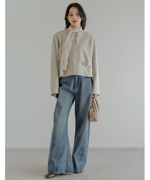 Re:EDIT（リエディ）の「[2026S/S COLLECTION]フェイクスウェードノーカラー金ボタンジャケット（ノーカラージャケット・レディース・アイボリー/ブラウン/キャメル・MEDIUM/LARGE）」の13枚目の写真