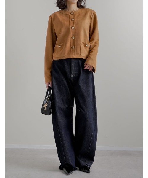 Re:EDIT（リエディ）の「[2026S/S COLLECTION]フェイクスウェードノーカラー金ボタンジャケット（ノーカラージャケット・レディース・アイボリー/ブラウン/キャメル・MEDIUM/LARGE）」の22枚目の写真
