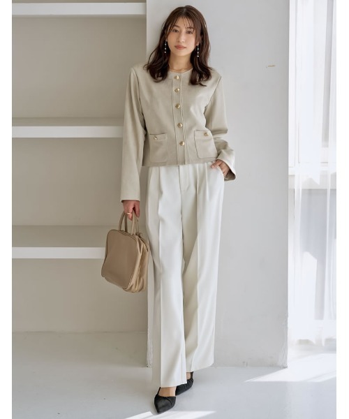 Re:EDIT（リエディ）の「[2026S/S COLLECTION]フェイクスウェードノーカラー金ボタンジャケット（ノーカラージャケット・レディース・アイボリー/ブラウン/キャメル・MEDIUM/LARGE）」の9枚目の写真