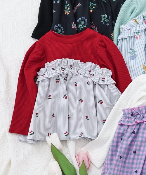 apres les cours（アプレレクール）の「ワッフルフリルドッキングトップス_ジュニア対応（Tシャツ/カットソー・キッズ・レッド/チェック/ストライプ/ブラック・80/90/100/110/120/130/140）」の3枚目の写真