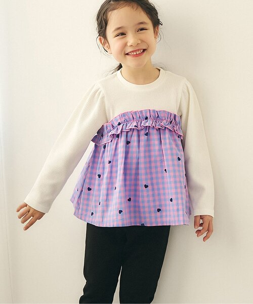 apres les cours（アプレレクール）の「ワッフルフリルドッキングトップス_ジュニア対応（Tシャツ/カットソー・キッズ・レッド/チェック/ストライプ/ブラック・80/90/100/110/120/130/140）」の4枚目の写真
