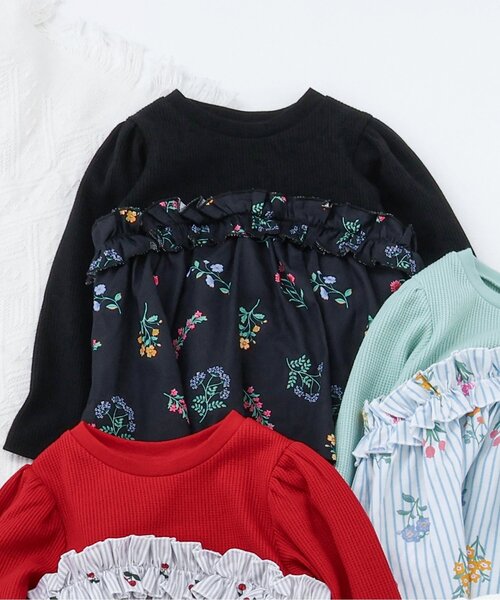 apres les cours（アプレレクール）の「ワッフルフリルドッキングトップス_ジュニア対応（Tシャツ/カットソー・キッズ・レッド/チェック/ストライプ/ブラック・80/90/100/110/120/130/140）」の2枚目の写真