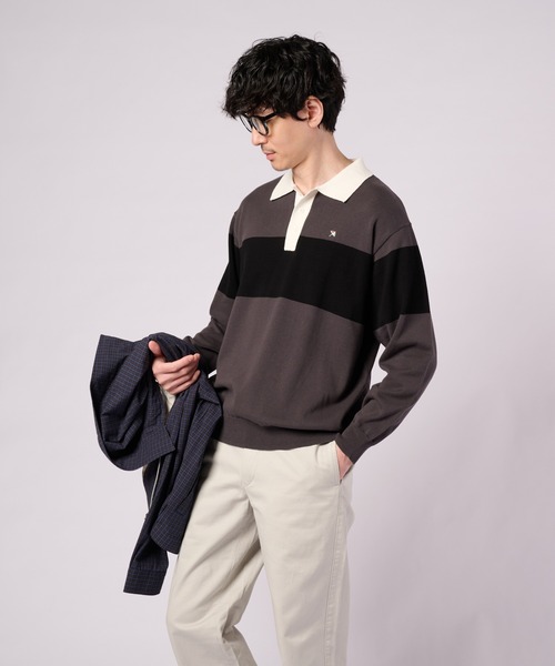 Arnold Palmer(アーノルドパーマー)の「シェア パネルボーダーニット ラガーシャツ(ニット/セーター・レディース・チャコールグレー/ネイビー・M/L/LL/S/XS)」の1枚目の写真