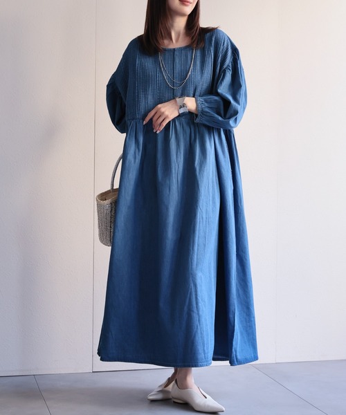 sakishimatokyo（サキシマトーキョー）の「【India Fabric】インド綿ピンタックギャザーワンピース/インドデニム/インドコットン（ワンピース・レディース・ライトブルー/ダークブルー/ブルー・MEDIUM/LARGE）」の14枚目の写真