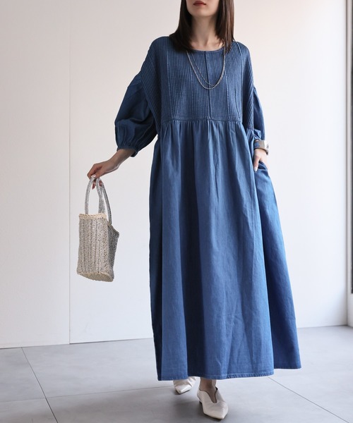 sakishimatokyo（サキシマトーキョー）の「【India Fabric】インド綿ピンタックギャザーワンピース/インドデニム/インドコットン（ワンピース・レディース・ライトブルー/ダークブルー/ブルー・MEDIUM/LARGE）」の15枚目の写真