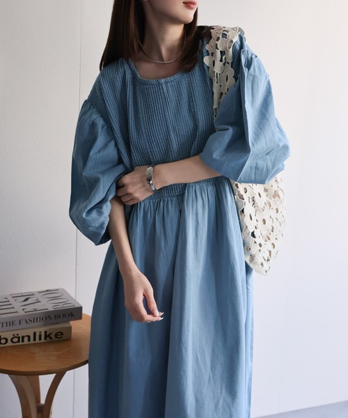 sakishimatokyo（サキシマトーキョー）の「【India Fabric】インド綿ピンタックギャザーワンピース/インドデニム/インドコットン（ワンピース・レディース・ライトブルー/ダークブルー/ブルー・MEDIUM/LARGE）」の10枚目の写真