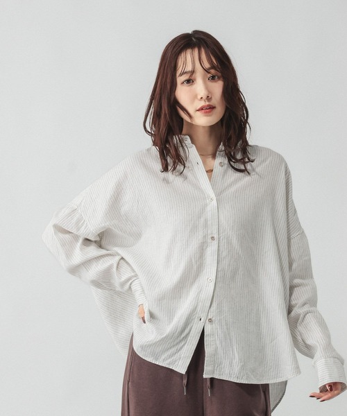 GLOBAL WORK（グローバルワーク）の「フレンチリネンシャツ長袖/601244（シャツ/ブラウス・レディース・ホワイト系その他/ブラウン/ピンク系5/オフホワイト/サックスブルー/ピンク/ネイビー/サックスブルー系3/ミント/イエロー・LONG/REGULAR）」の3枚目の写真