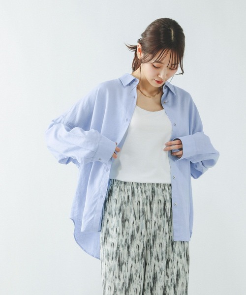 GLOBAL WORK（グローバルワーク）の「フレンチリネンシャツ長袖/601244（シャツ/ブラウス・レディース・ホワイト系その他/ブラウン/ピンク系5/オフホワイト/サックスブルー/ピンク/ネイビー/サックスブルー系3/ミント/イエロー・LONG/REGULAR）」の6枚目の写真