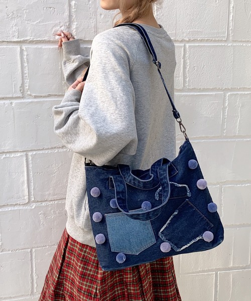 ハンドメイド　オーダー受付ページ　　♡デニムバッグinわんこ　パネル♡② セール】ポンポン付き デニムパッチワーク 2WAYトートバッグ（トート