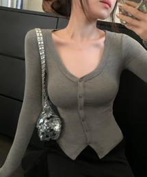 【EIZZ/アイズ】フロントボタン タイトカットソー Uネック スリムフィット トップス