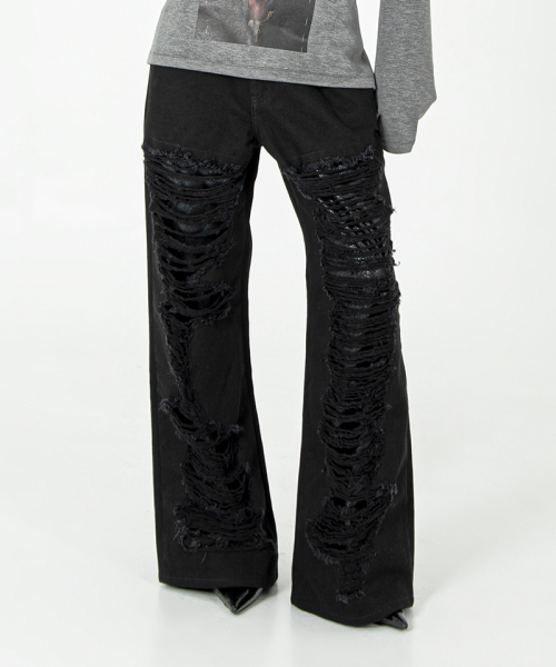 DARLING, YOU'RE BAD(ダーリンユーアーバッド)の「Damaged Python Wide Denim Pants #Black(デニムパンツ・レディース・その他・SMALL/MEDIUM)」の1枚目の写真