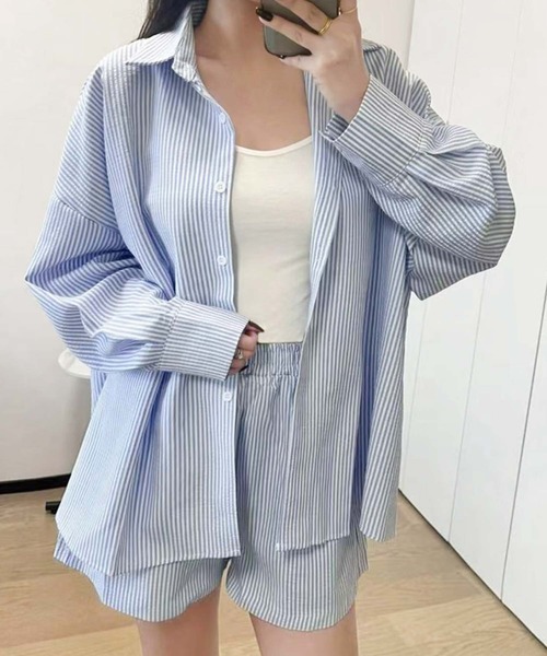 【値下げ】Uhr ストライプ柄 セットアップ 約90cm 売切品 セール】セットアップ ストライプ オーバーサイズ シャツ ショート