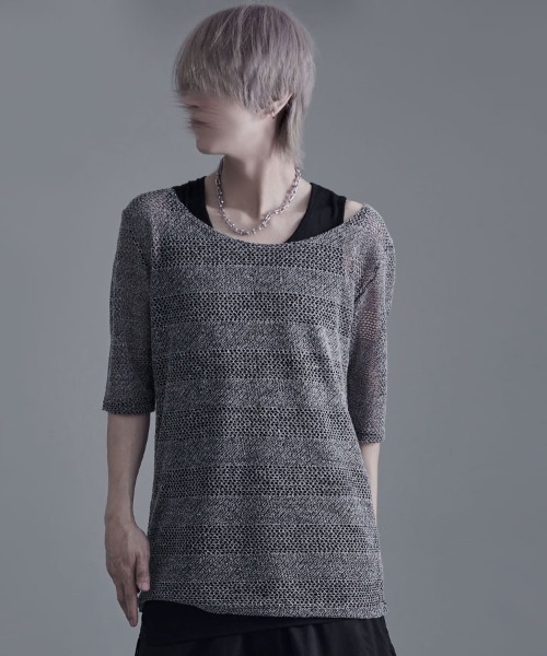 Bernings Sho(バーニングショー)の「『Bernings Sho/バーニングショー』透かしニットボーダー5分袖&アシンメトリータンク(ニット/セーター・メンズ・ホワイト/ブラック/ホワイト×ブラック・XL/L/M)」の3枚目の写真