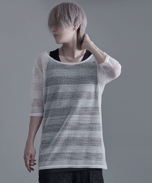 Bernings Sho(バーニングショー)の「『Bernings Sho/バーニングショー』透かしニットボーダー5分袖&アシンメトリータンク(ニット/セーター・メンズ・ホワイト/ブラック/ホワイト×ブラック・XL/L/M)」の1枚目の写真