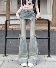 ラップデザインサイドリボン付きフレアデニムパンツ