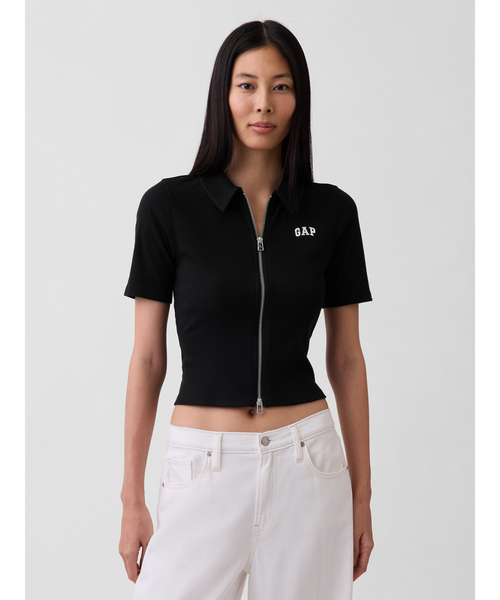 GAP(ギャップ)の「リブ クロップド GAPロゴ ジップアップ ポロシャツ(ポロシャツ・レディース・ブルー/ホワイト/ブラック・XXS/L/S/XS/M/XL)」の3枚目の写真