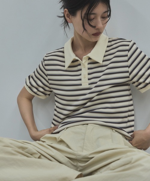 feepur（フェピュール）の「マルチボーダーポロTee（Tシャツ/カットソー・レディース・アイボリー/チャコールグレー・MEDIUM）」の2枚目の写真