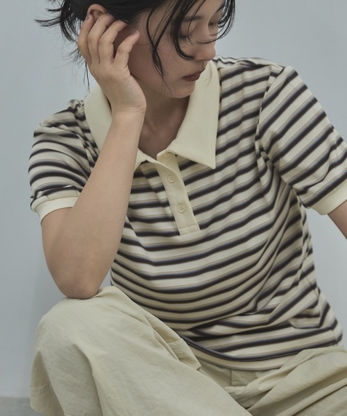 feepur（フェピュール）の「マルチボーダーポロTee（Tシャツ/カットソー・レディース・アイボリー/チャコールグレー・MEDIUM）」の3枚目の写真
