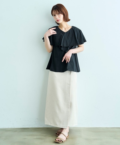 mil（ミル）の「【汗染み防止加工】 ラッフルカラー Tシャツ【587216】（Tシャツ/カットソー・レディース・グレイッシュベージュ/チャコールグレー/ブラック・S/XS）」の4枚目の写真