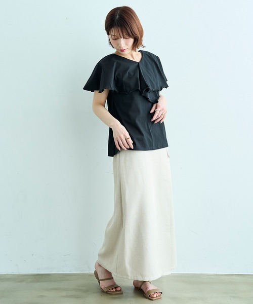 mil（ミル）の「【汗染み防止加工】 ラッフルカラー Tシャツ【587216】（Tシャツ/カットソー・レディース・グレイッシュベージュ/チャコールグレー/ブラック・S/XS）」の7枚目の写真