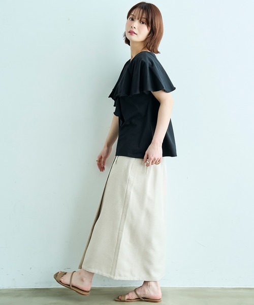 mil（ミル）の「【汗染み防止加工】 ラッフルカラー Tシャツ【587216】（Tシャツ/カットソー・レディース・グレイッシュベージュ/チャコールグレー/ブラック・S/XS）」の5枚目の写真