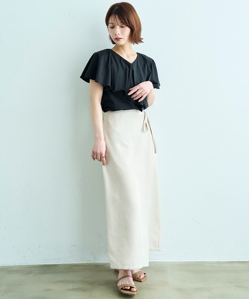 mil（ミル）の「【汗染み防止加工】 ラッフルカラー Tシャツ【587216】（Tシャツ/カットソー・レディース・グレイッシュベージュ/チャコールグレー/ブラック・S/XS）」の8枚目の写真