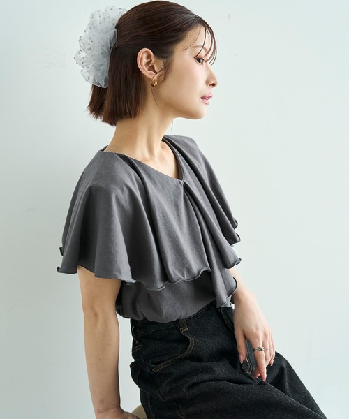mil（ミル）の「【汗染み防止加工】 ラッフルカラー Tシャツ【587216】（Tシャツ/カットソー・レディース・グレイッシュベージュ/チャコールグレー/ブラック・S/XS）」の19枚目の写真