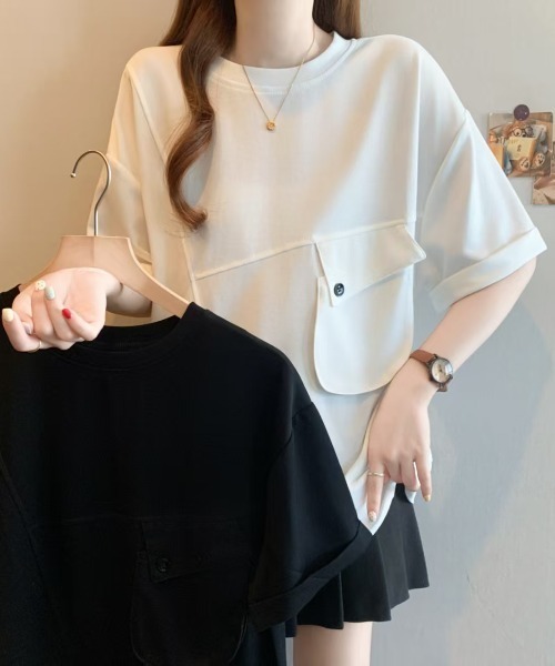Diosfront（ディオスフロント）の「ポケットデザインアシメプルオーバー（Tシャツ/カットソー・レディース・ホワイト/ブラック・FREE）」の5枚目の写真
