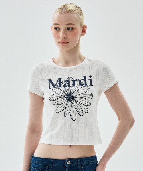 Mardi Mercredi(マルディメクルディ)の「SLIM FIT TOP EYELET FLOWERMARDI / スリム フィット トップ アイレット フラワーマルディ(Tシャツ/カットソー・レディース・ブラック/グレー×ホワイト/アイボリー/アイボリー系1・FREE)」の4枚目の写真