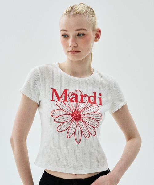 Mardi Mercredi(マルディメクルディ)の「SLIM FIT TOP EYELET FLOWERMARDI / スリム フィット トップ アイレット フラワーマルディ(Tシャツ/カットソー・レディース・ブラック/グレー×ホワイト/アイボリー/アイボリー系1・FREE)」の1枚目の写真