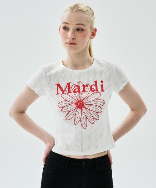 Mardi Mercredi(マルディメクルディ)の「SLIM FIT TOP EYELET FLOWERMARDI / スリム フィット トップ アイレット フラワーマルディ(Tシャツ/カットソー・レディース・ブラック/グレー×ホワイト/アイボリー/アイボリー系1・FREE)」の12枚目の写真