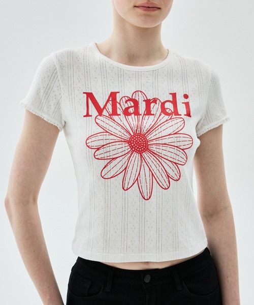 Mardi Mercredi(マルディメクルディ)の「SLIM FIT TOP EYELET FLOWERMARDI / スリム フィット トップ アイレット フラワーマルディ(Tシャツ/カットソー・レディース・ブラック/グレー×ホワイト/アイボリー/アイボリー系1・FREE)」の13枚目の写真