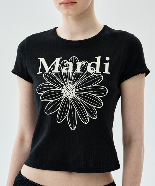Mardi Mercredi(マルディメクルディ)の「SLIM FIT TOP EYELET FLOWERMARDI / スリム フィット トップ アイレット フラワーマルディ(Tシャツ/カットソー・レディース・ブラック/グレー×ホワイト/アイボリー/アイボリー系1・FREE)」の6枚目の写真
